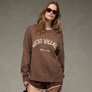 AE Big Hug Brown White West Village New York Graphic Crew Oversized Sweater